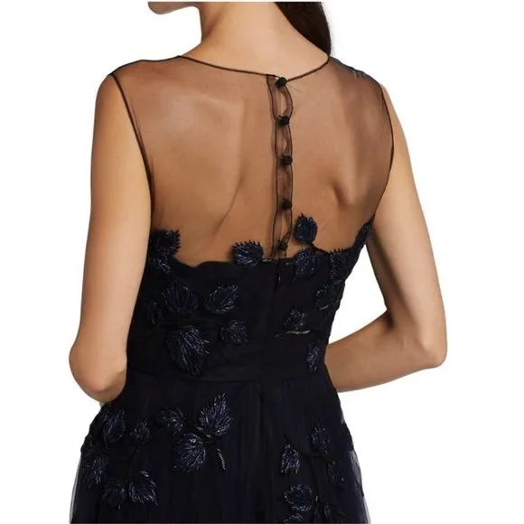 Carolina Herrera Navy Beaded And Appliqued Tulle Mid Length Dress